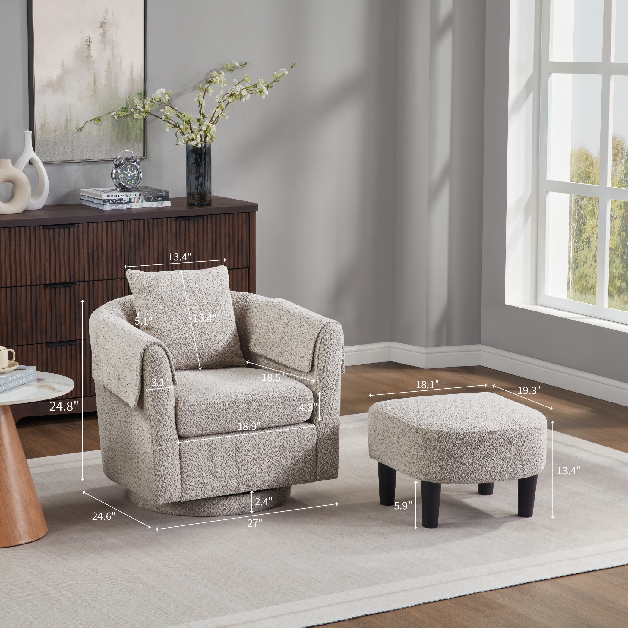 Swivel Accent Chair With Ottoman Set, Modern Chenille Barrel Armchair With Removable Back Pillow & 2 Armrest Covers For Living Room, Bedroom, Office, Gray_voghion.com